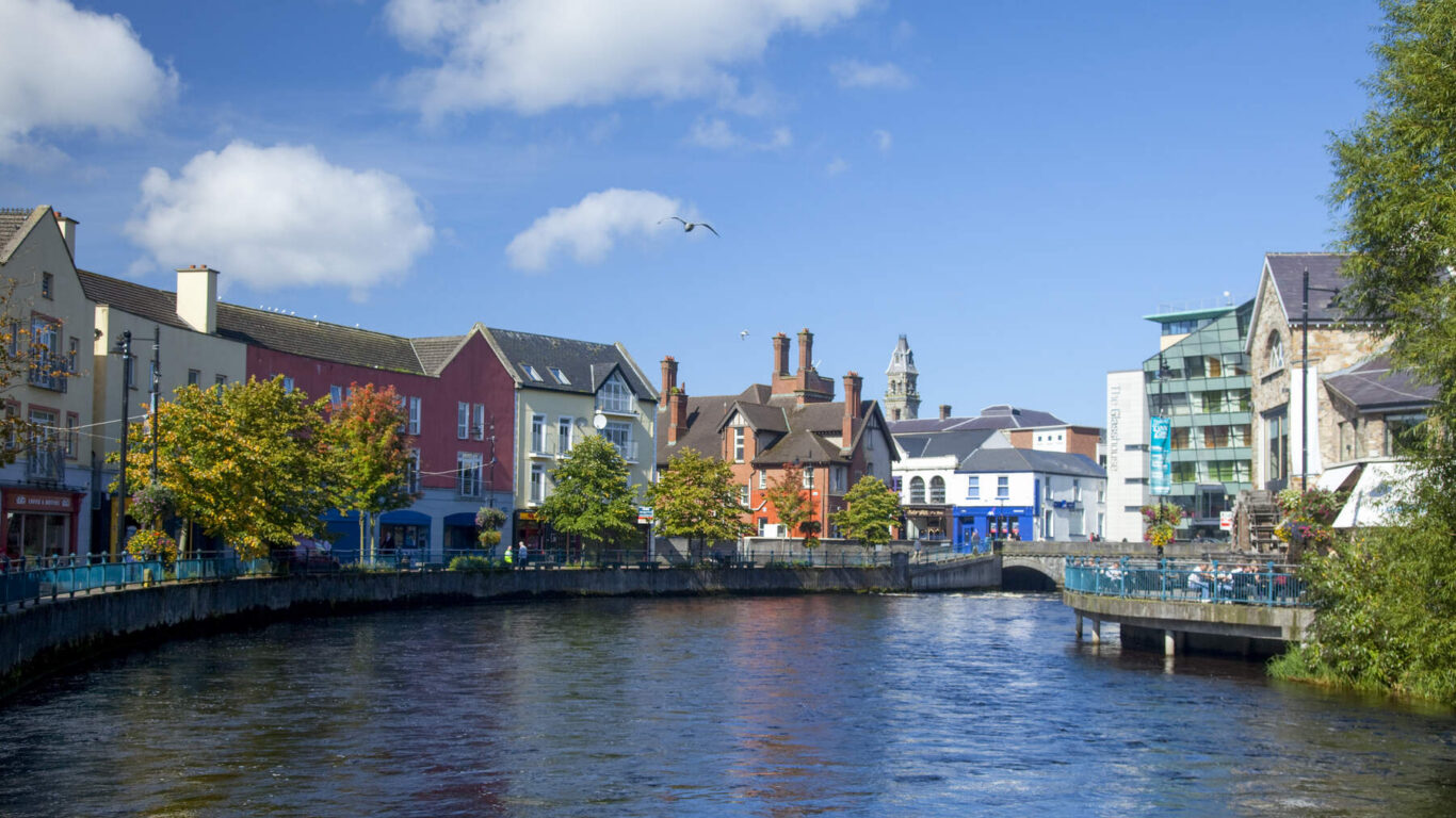 Sligo town centre along the Garavogue River, Co Sligo, Ireland.